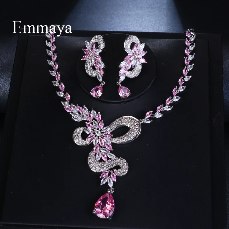 Emmaya Brand Fashion Water Drop Shape AAA Cubic Zircon Three Colors Crystal Earrings Necklace Set For Women Bride Jewelry Gift