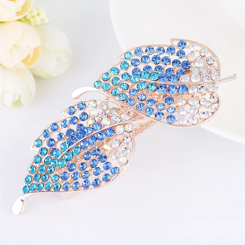 EASYA High Quality Full Crystal Hairpin Hairwear Jewelry Tone Metal Rhinestone Leaves Hair Clip Barrettes