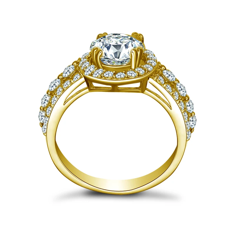 QYI Unique Design Women Halo Ring Round 2 Carat Moissanite Diamond 14K Solid Yellow Gold Female Wedding Band Rings