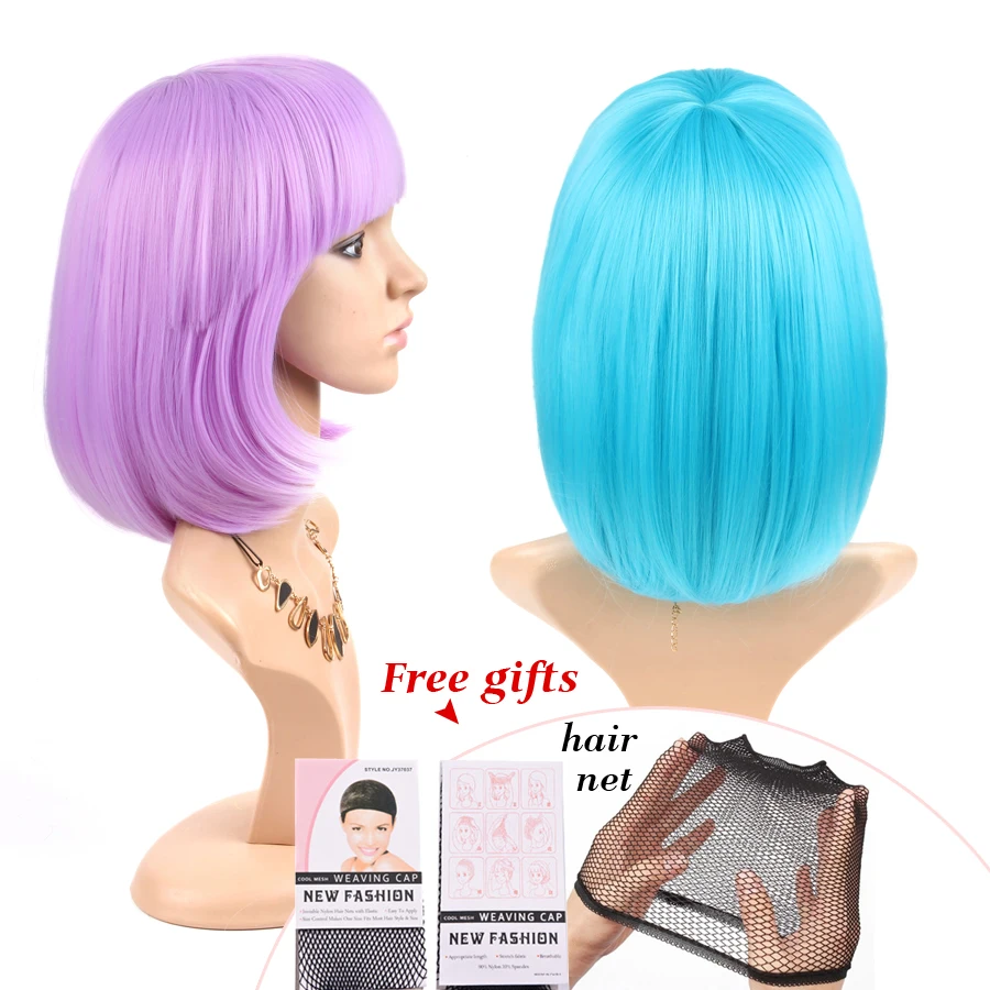 Cheaper Cosplay Wigs Synthetic Short Straight Bob Wig With Bangs Pink Purple Yellow Party Cap For Women Girl Lolita Wig