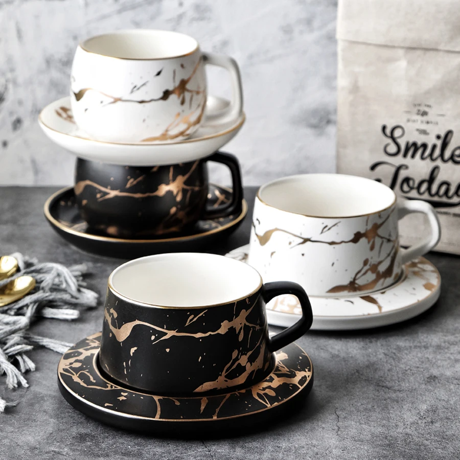 MUZITY Ceramic Coffee Cup And Saucer Creative Golden Design Porcelain Tea Cup Set With Stainless Steel 304 Spoon