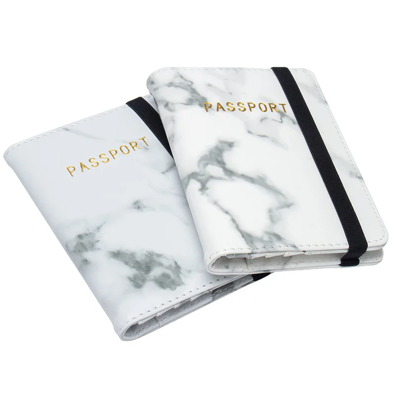 White Glossy Marble Pu Leather Passport Holder Complex Cute Business Credit Card Passport Cover With Elastic String