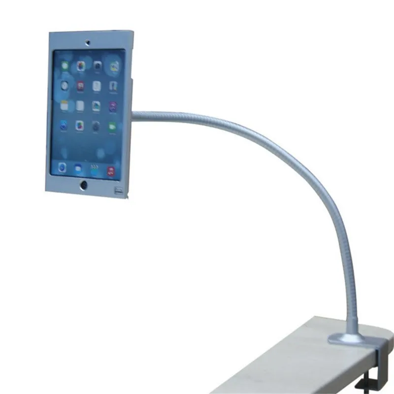 for mini iPad table clamp stand with flexible gooseneck arm support lockable desk mount lock metal casing anti-theft enclosure