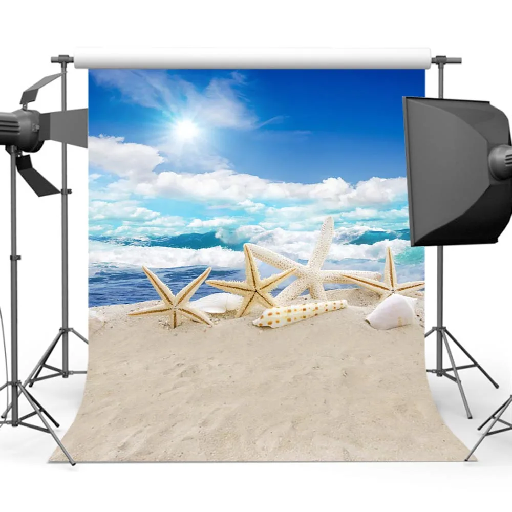 

Summer Starfish Background Blue Sky Sea Wave Backdrop Photography Sandy Beach S-532