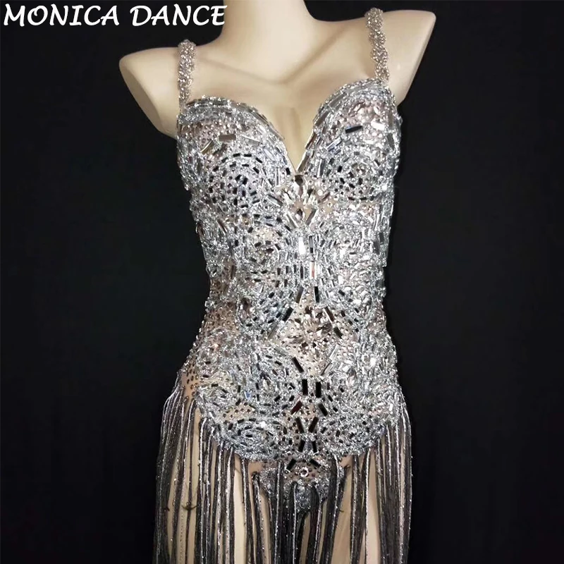 Sexy Stage Shining Silver Crystals Bodysuit See Through Birthday Celebrate Mesh Birthdday Outfit Party Dance Singer Bodysuit