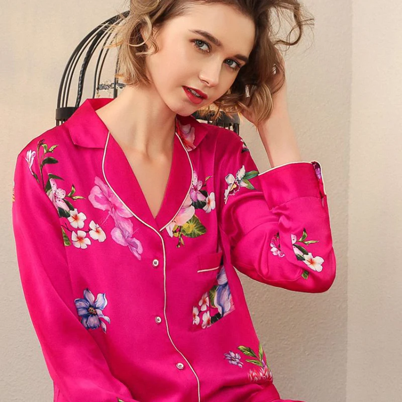 Real Silk Pajama Female Spring Autumn Silkworm Silk Long-Sleeve Sleepwear Woman Rich Red Two-Piece Pyjama Sets T8182