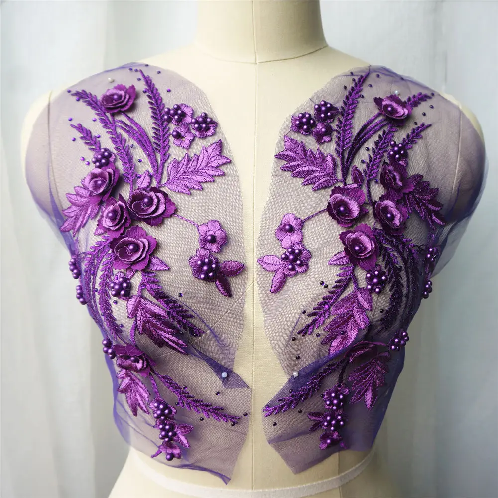 2PCS Purple Lace Fabric 3D Flower Tassel Beads Rhinestone Embroidered Wedding Gown Appliques Sew Patch For Dress DIY Decoration