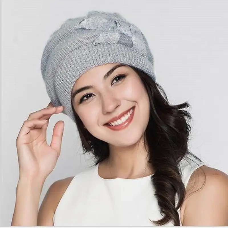 Women Knitted Hats Winter Thicken Double Layer Elegant Casual Rabbit Hair Blend Women\'s Hat Female Beanies M1527