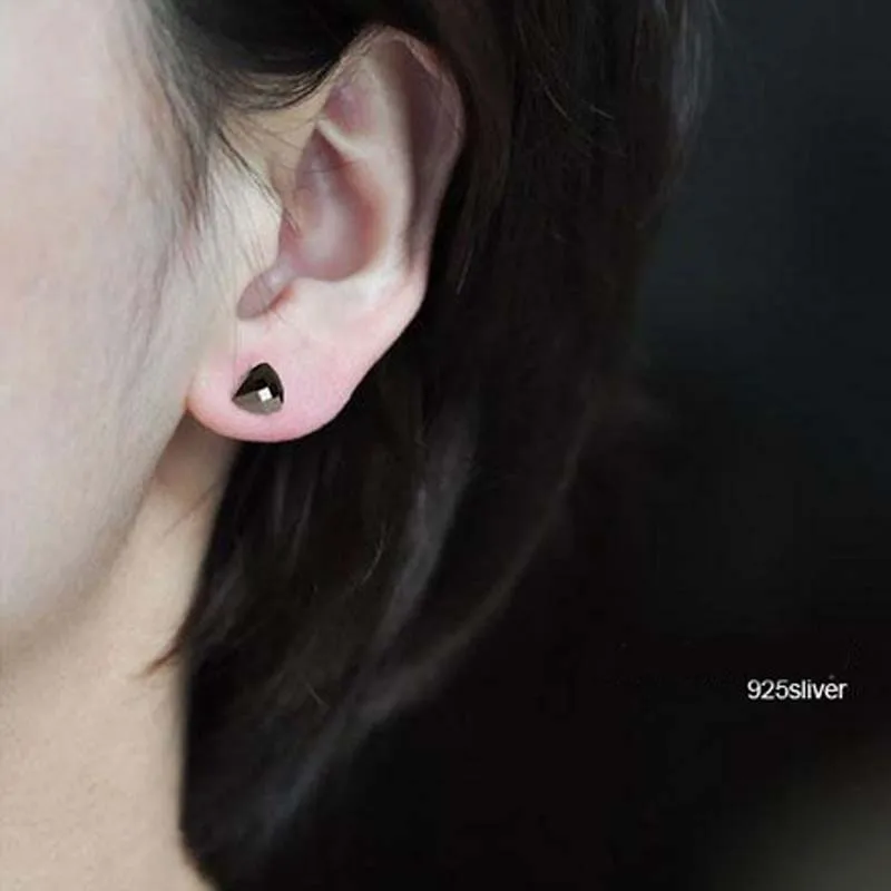 Genuine Real Pure Solid 925 Sterling Silver Stud Earrings for Men Women Jewelry Black Square Round Stone Male Female Earrings