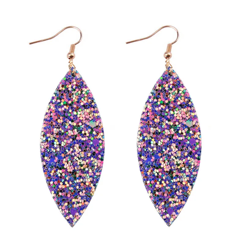 ZWPON 2019 New Spring Marquise Glitter Leather Leaf Earrings for Women Fashion Sequins Looking Various MultiColors Jewelry Long