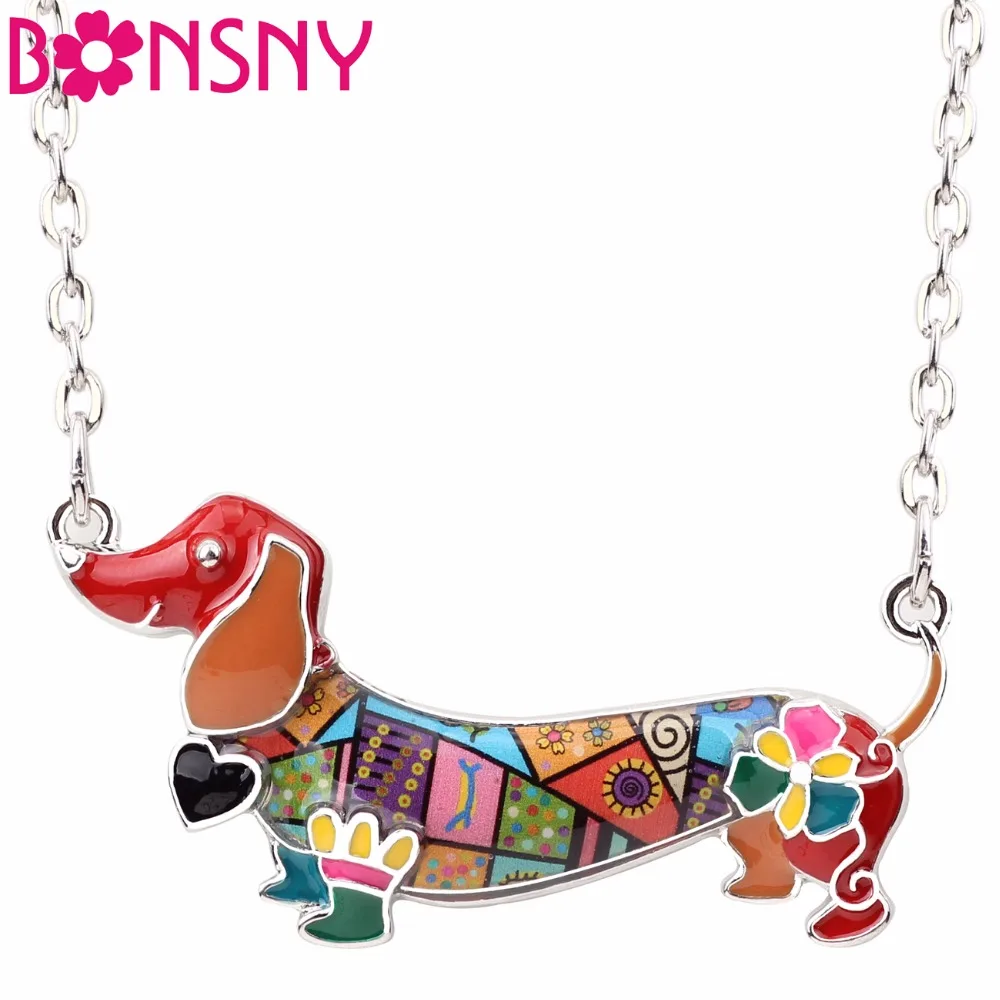 

Bonsny Enamel Alloy Dachshund Dog Necklace Pendant Chain Collar Choker Elegant Animal Jewelry For Women Girls Gifts Party Bijoux