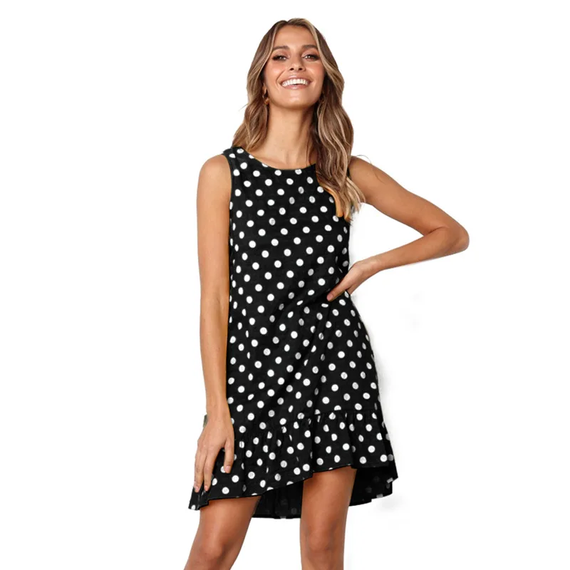 

2019 Summer Polka Dot Beach Dresses Women Causal O-Neck Sleeveless Back Button A-Line Ruffles Mini Dress 8 Color Femme Vestido