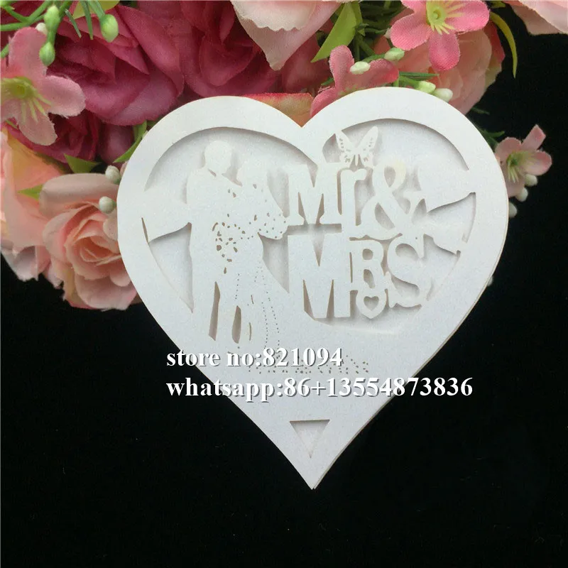 50Pcs laser cut Love heart Mr Mrs Seat Name RSVP table Cards Wedding Party Invitation wish Cards for party home Decoration