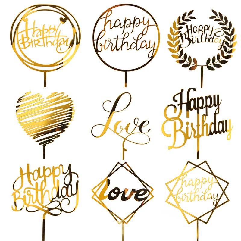 30 Piece Golden Glitter Acrylic Happy Birthday Cake Topper Cupcake Toppers  Cake Top Flags Birthday Party Wedding Decoration