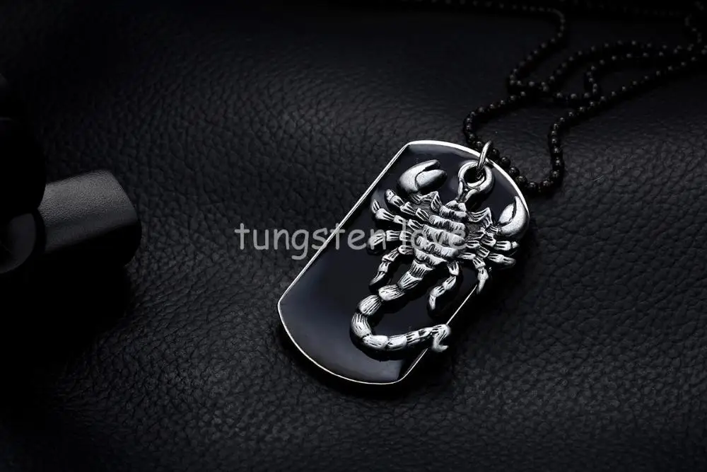 Biker Men's Black Military Black Dog Tag Silver Color      Tone Scorpion Pendant Necklace 27.5 Inch Bead Chain (with Gift Bag)