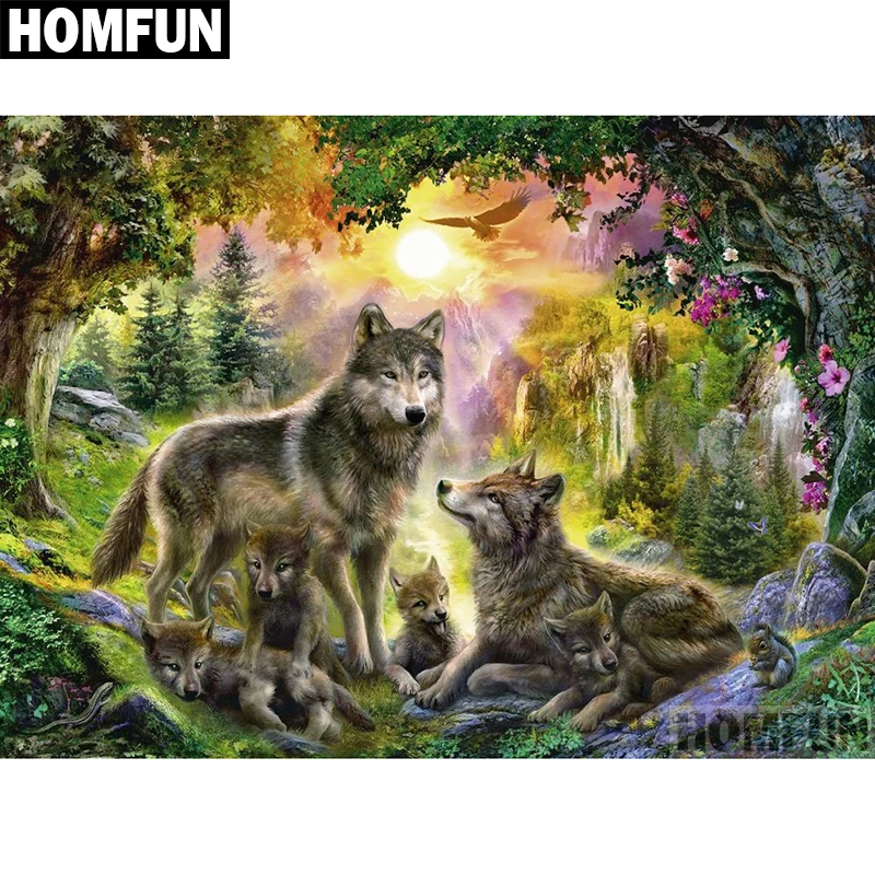 HOMFUN 5D obraz diamentowy DIY „z rodziny wilków” pełne wiertło żywica diamentowa haft Cross Stitch Home Decor A04012