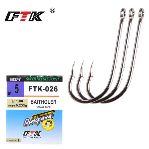 Ftk ganchos de carpa, de aço de alto carbono 8 peças-10 tamanhos 5 #-16 #, super agulha ponto e anel, isca para pesca