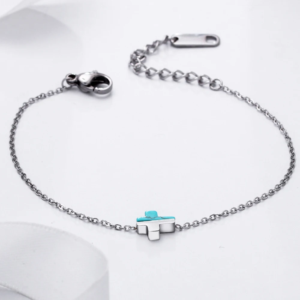 

Women's Elegant Chain Bracelet with Rose White & Blue Turquoise Stones 316L Stainless Steel Cross Design for Fashion Jewelry