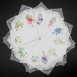 5 Pack Women Ladies Cotton Handkerchiefs Floral Embroidered with Lace Butterfly Edge