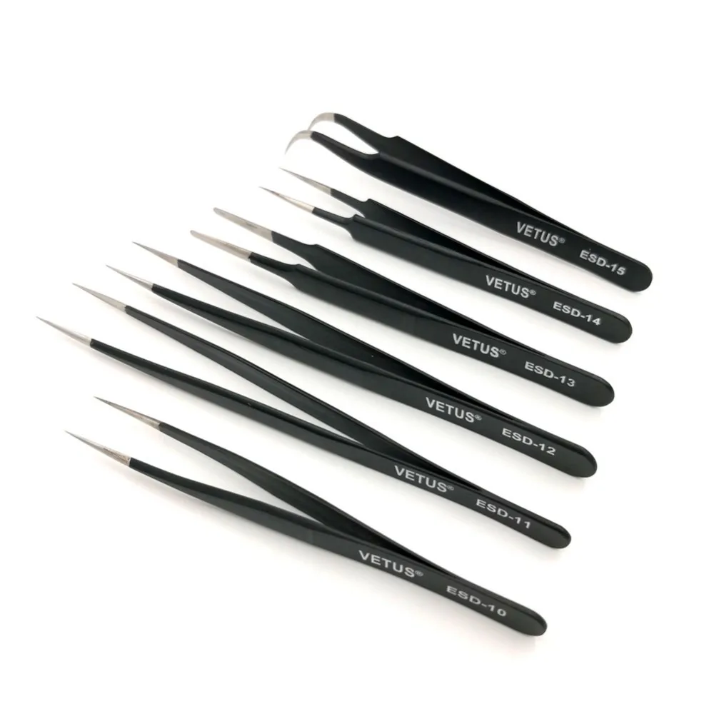 

Pack of 6 VETUS ESD Series Electro-Static Discharge Stainless Steel Tweezers Anti-static Antimagnetic Repair Process Components