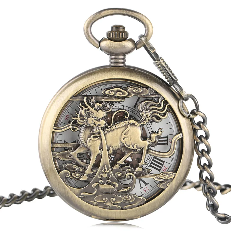 

Luxury New Arrival Bronze Copper Hollow Kylin Design Fob Mechanical Pocket Watch Cool Necklac Men Automatic Self-wind Clock Gift