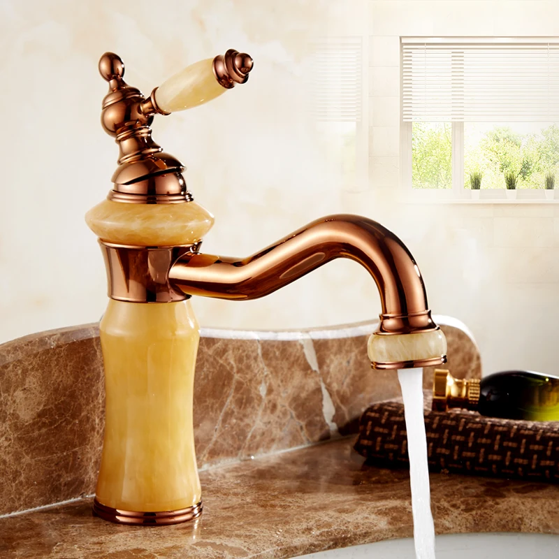 Antique rose gold bathroom Lengthen bibcock basin faucet hot and cold, Copper White/Yellow jade marble wash water tap Whosale