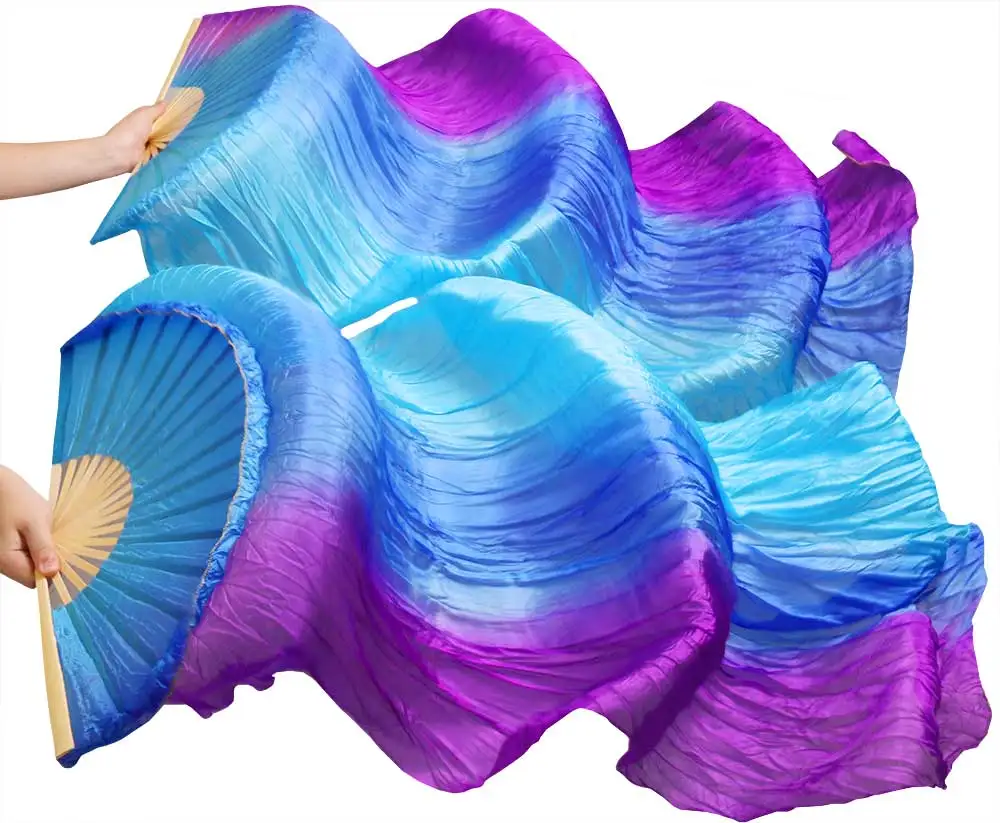 100% prawdziwe Silk welony 1 para handmade kobiety wysokiej jakości jedwab taniec brzucha fani turkus + fioletowy rose pomarańczowy