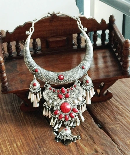 Collar de moda étnica para mujer, suéter bordado Vintage, de plata Miao, único