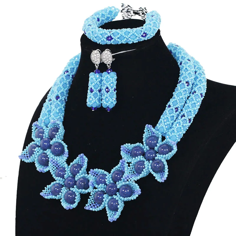 Handmade Flowers Latest Blue African Beads Jewelry Sets Women Wedding Jewelry sets For Party Bridesmaid Gift Free ShippingABH548