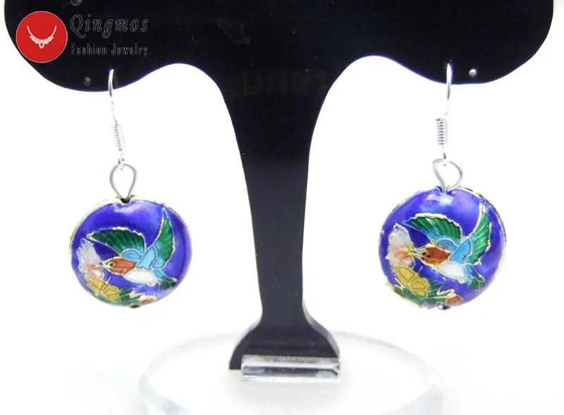 Qingmos 18mm Blue Earrings for Women With Blue Round Coin China Features Cloisonne Hummingbird Beads Dangle Hook Earring-ear511