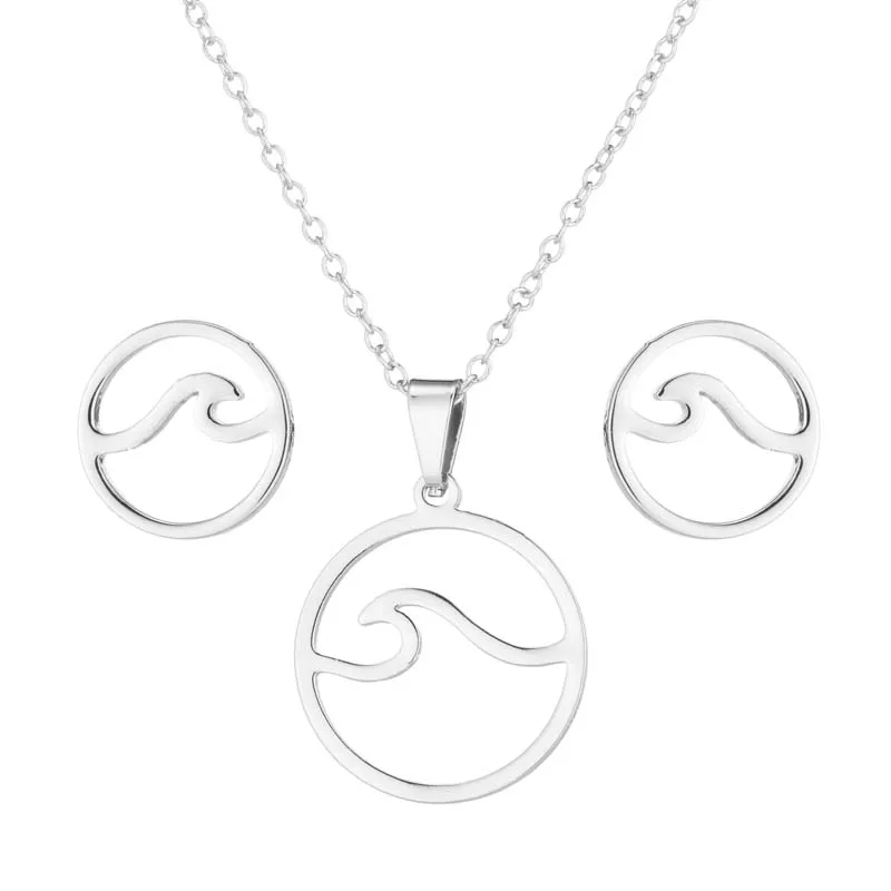 Chic Ocean Wave Pendant Vintage Jewelry Set Accessories for Women Charm Beach Inspired Necklace Stud Earrings