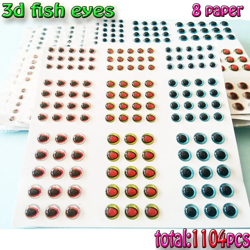 

8paper total 1104pcs 3mm 360pcs 4mm 384pcs 5mm 360pcs fishing 3d lure eyes fish eyes jig lure eyes