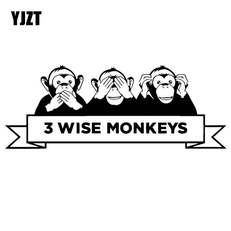 Виниловая наклейка 3 WISE MONKEYS YJZT, 17,6 см * 6,7 см, креативное украшение кузова автомобиля, стикер черного/серебристого цвета, с рисунком из мультфильма «обезьяны»