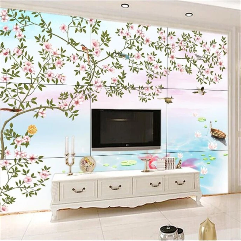 

Custom wallpaper 3d mural hand-painted flowers and birds tree lotus pond tile background wall painting papel de parede wallpaper