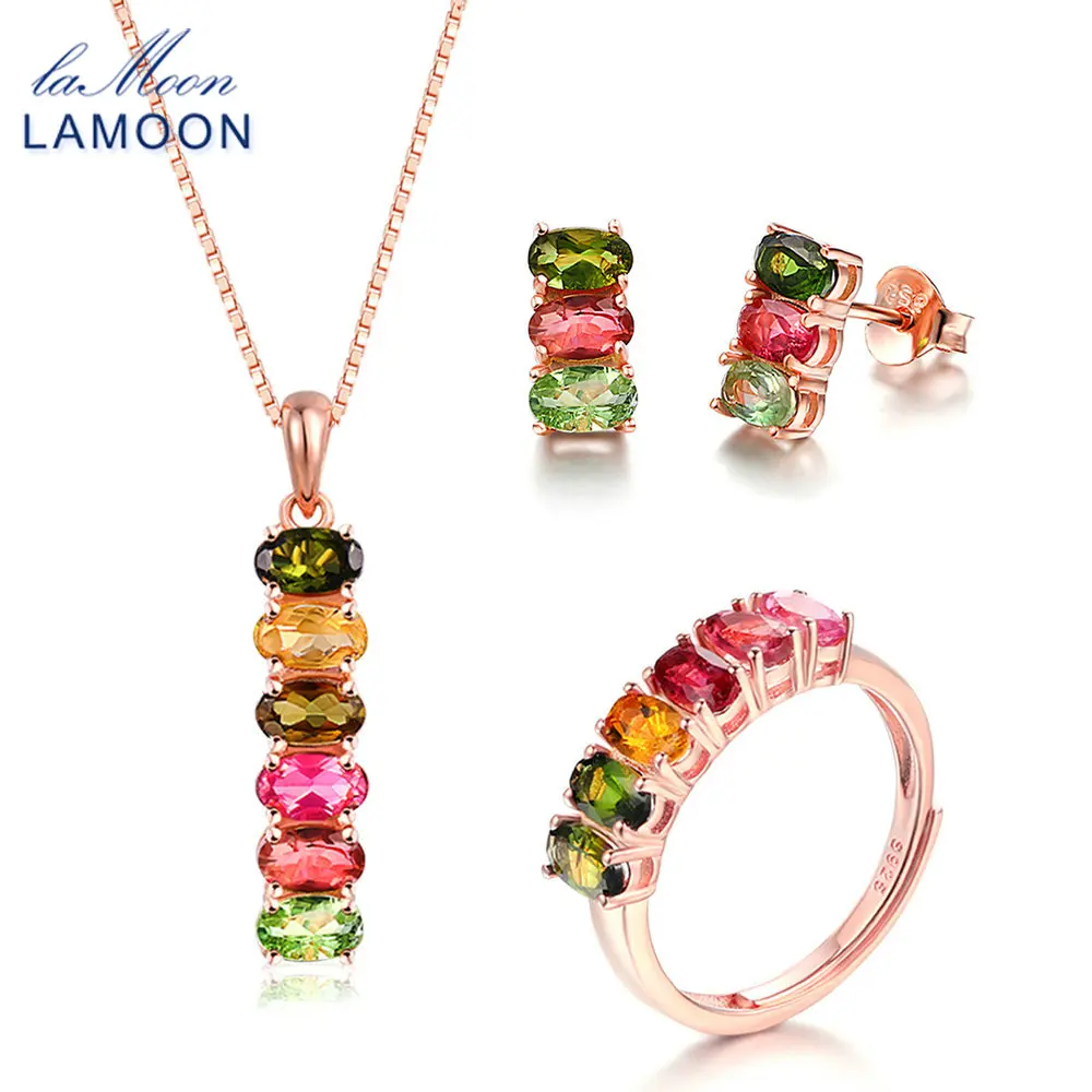 LAMOON 3PCS Jewelry Sets For Women 925 Sterling Silver Multicolor Tourmaline Natural Gemstone Fine Jewelry Wedding Bijoux V006-3