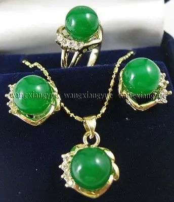

new Style Hot sale****10mm Green jade Earrings Ring & Necklace Pendant Set AAA Fashion Wedding Party Jewellery
