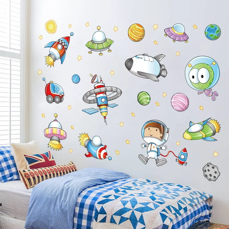 Space Astronaut Cartoon Wall Sticker Kids Room Outer Space Planet Galaxy Rocket Ship Decorative Wall Murals For Child\'s Favor