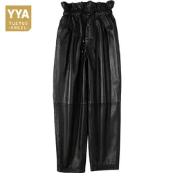 Women Pants Genuine Sheepskin Elastic Waist Black Winter New Fashion Real Leather High Waist Ladies Full Length Harem Pants