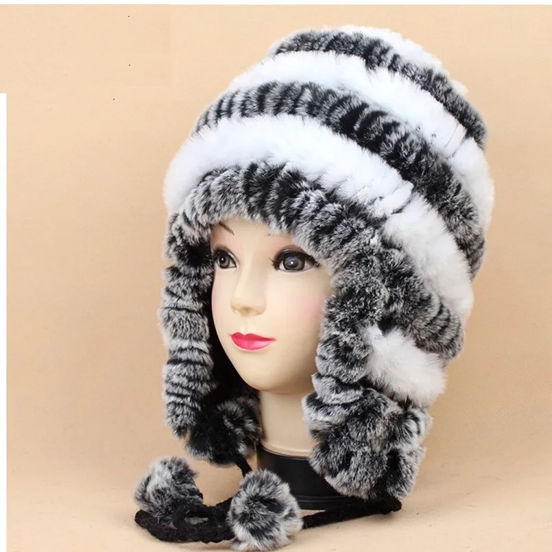 Russian fur cap earflap  fur cap of real rex rabbit fur, black white red brown gray  winter knit warm brand hat for womenH654