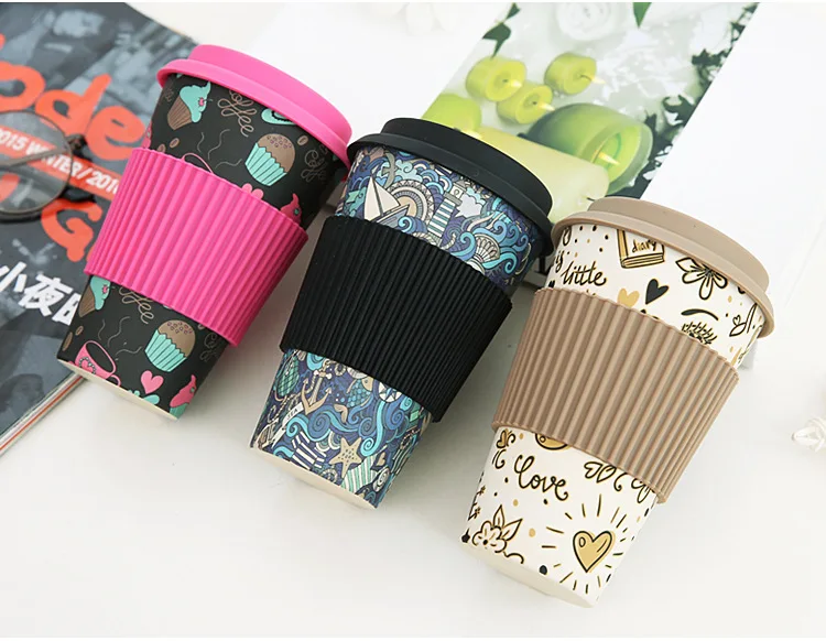 10pcs Eco-friendly Bamboo Fiber Coffee Cup with Reusable Silicone Lid and Sleeve Drinks Cup Travel Gift lin4003