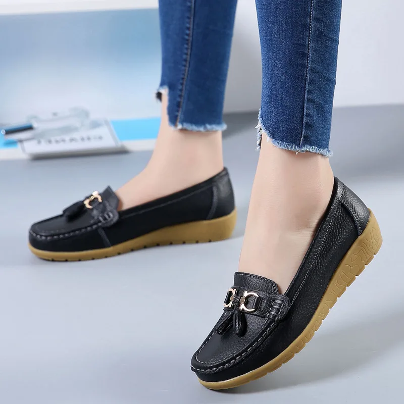 SLYXSH 2024 Primavera Outono Sapatos Mulher Flats De Couro De Vaca Mulheres Deslizamento Em Mocassins Femininos Sapato Tamanho Grande 35-43