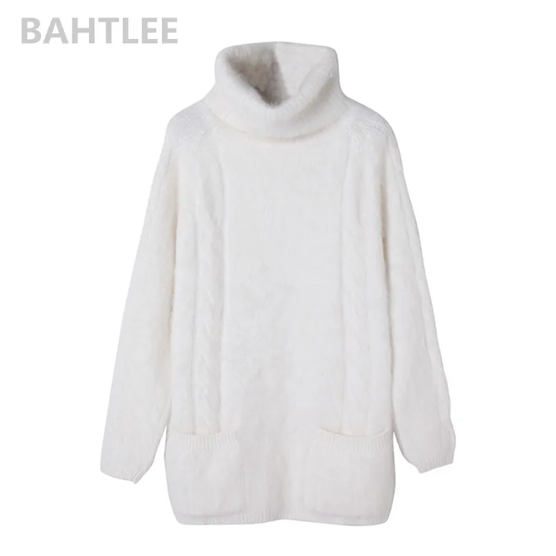 BAHTLEE-Women\'s Mink Cashmere Turtleneck Sweater, Angora Pullovers, Knitting Pockets, Long Sleeves, Keep Warm, Loose, Winter