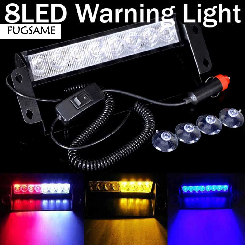 FUGSAME 8LED Car Strobe Dash / Deck / Windscreen Emergency Light Bar Beacon Red Blue White Amber yellow Green