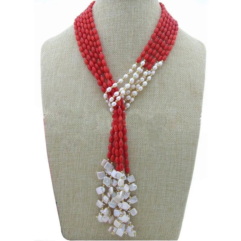 

42 inches 3 Rows 4x8 mm Natural Red Rice Coral Beads & White Freshwater Pearls Necklace