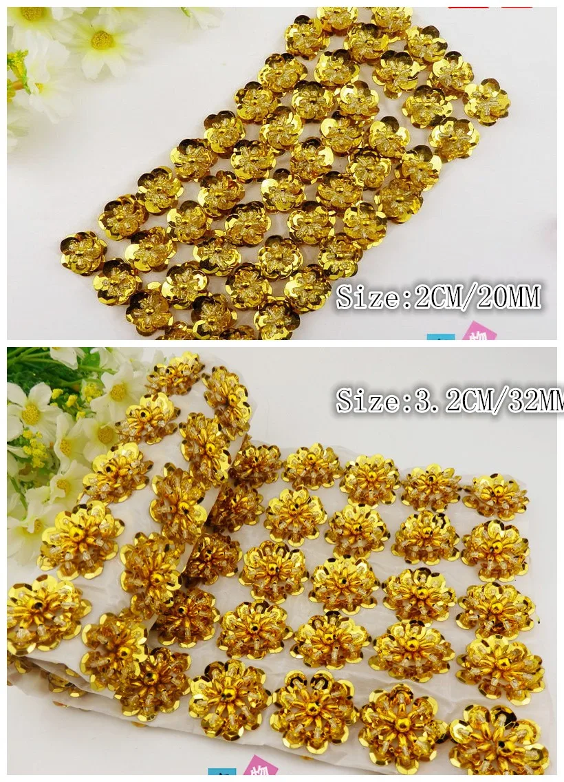 10 Pcs Sequined Flower Appliques Gold Embroidery Trims Little Floral Padded Sew On Petals Beading Sewing Crafts 20-32mm