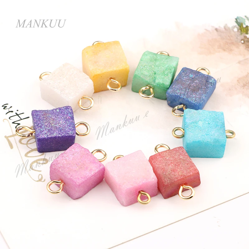 DRF145 Natural Stone Agat e Druzy Pendant Connector New Fashion Colorful Double  Bails Square Pendant DIY Jewelry Finding 12mm