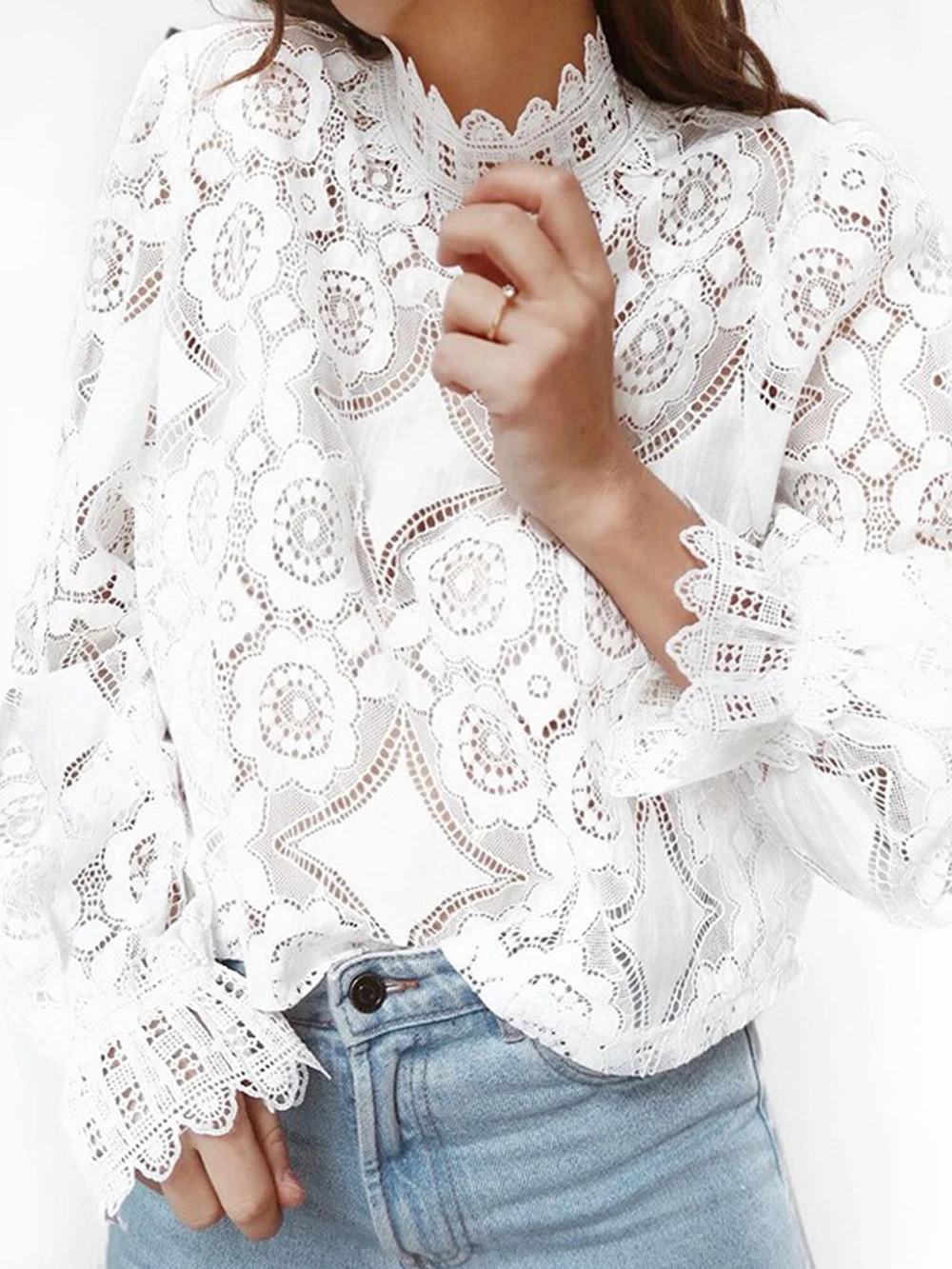 Unique New Women's Summer Fashion Lace Cutout High Collar Shirt Translucent Horn Long Sleeve Pure White Slim Shirt Sizes S-XL