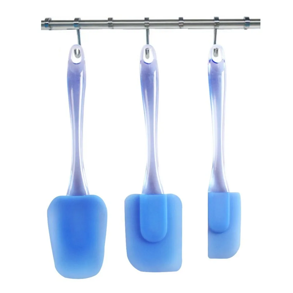 3-Pieces Square Pyrex Nonstick Heat Resistant Blue Scraper Set Silicone Spatulas, Silicone Heads and Crystal-like Plastic Handle