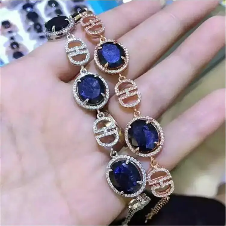 Natural sapphire chain bracelet Free shipping Natural real green sapphire 925 sterling silver Fine jewelry 10*12mm 3pcs