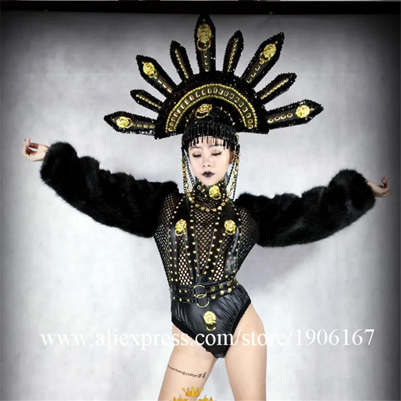 

Halloween DS Black Nightclub Ballroom Costume With Headwear Catwalk TV Show Masquerade Cosplay Performance Clothes